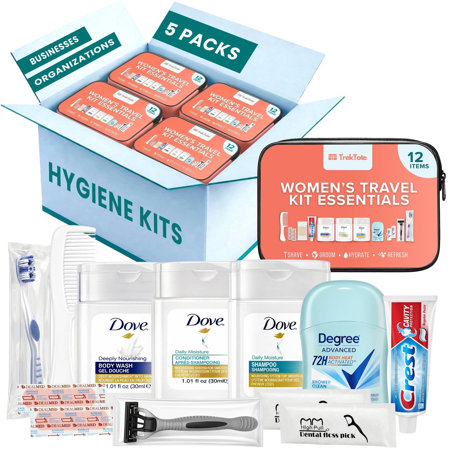 TrekTote 5 Pack Women’s Bulk Hygiene Kits - 12-Piece Premium Brand-Name Travel Size Toiletries, TSA Compliant, Pre-Assembled for Shelters, Schools Beauty and Personal Care TREKTOTE Default Title