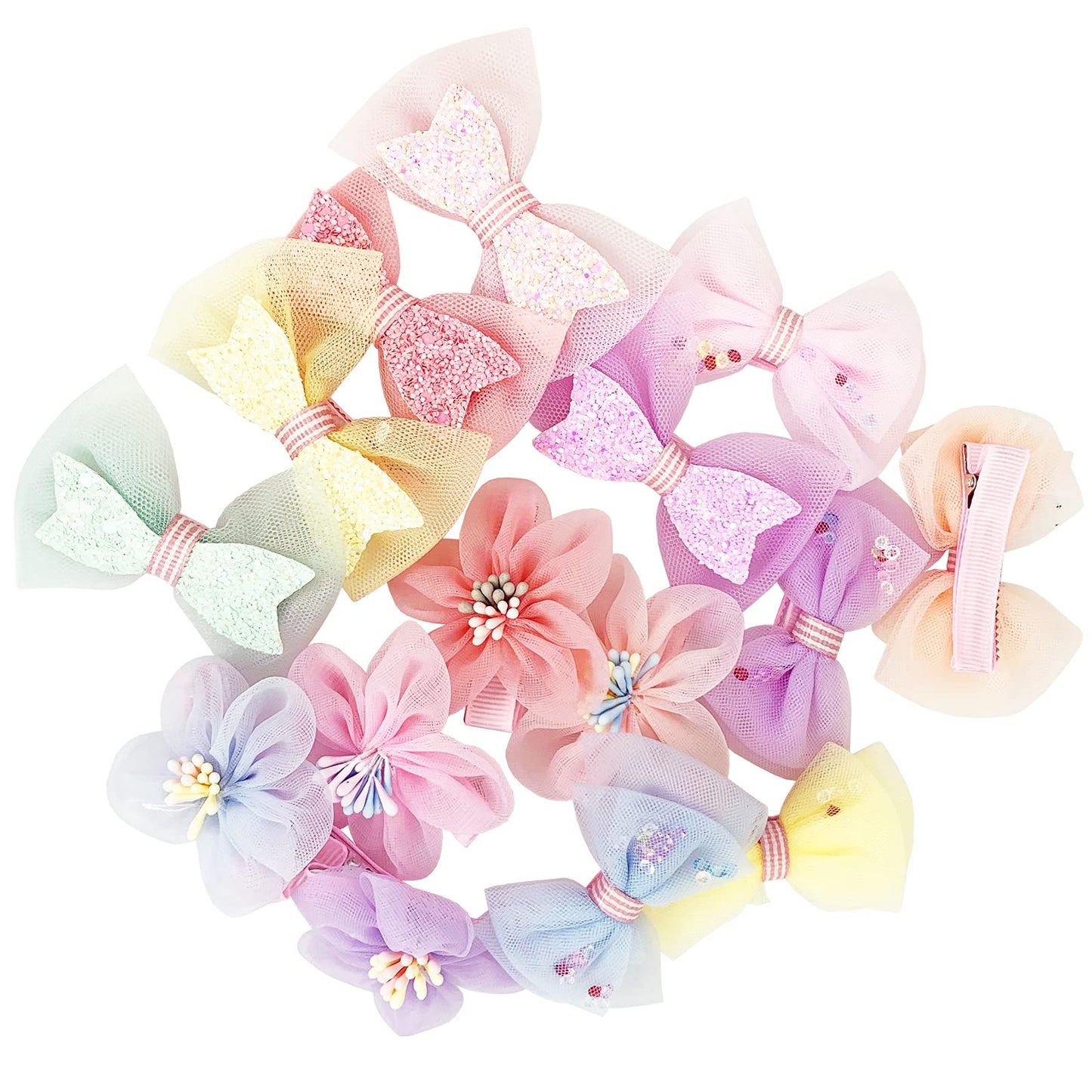 Tulle Glitter Hair Bows for Girls, BETITETO 15 Pieces Cute Handmade Flower Rhinestone Alligator Hair Clips Non-slip for kids Women