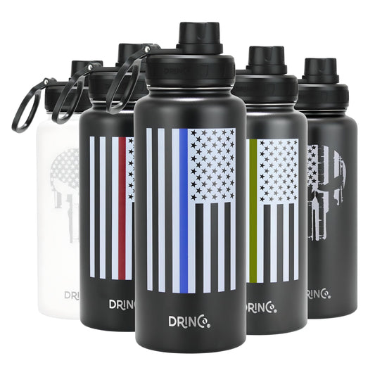 DRINCO Stainless Steel Water Bottle Spout Lid Vacuum Insulated Double Wall Water Bottle USA Flag Military Veteran (32oz Skull Black, 32oz)