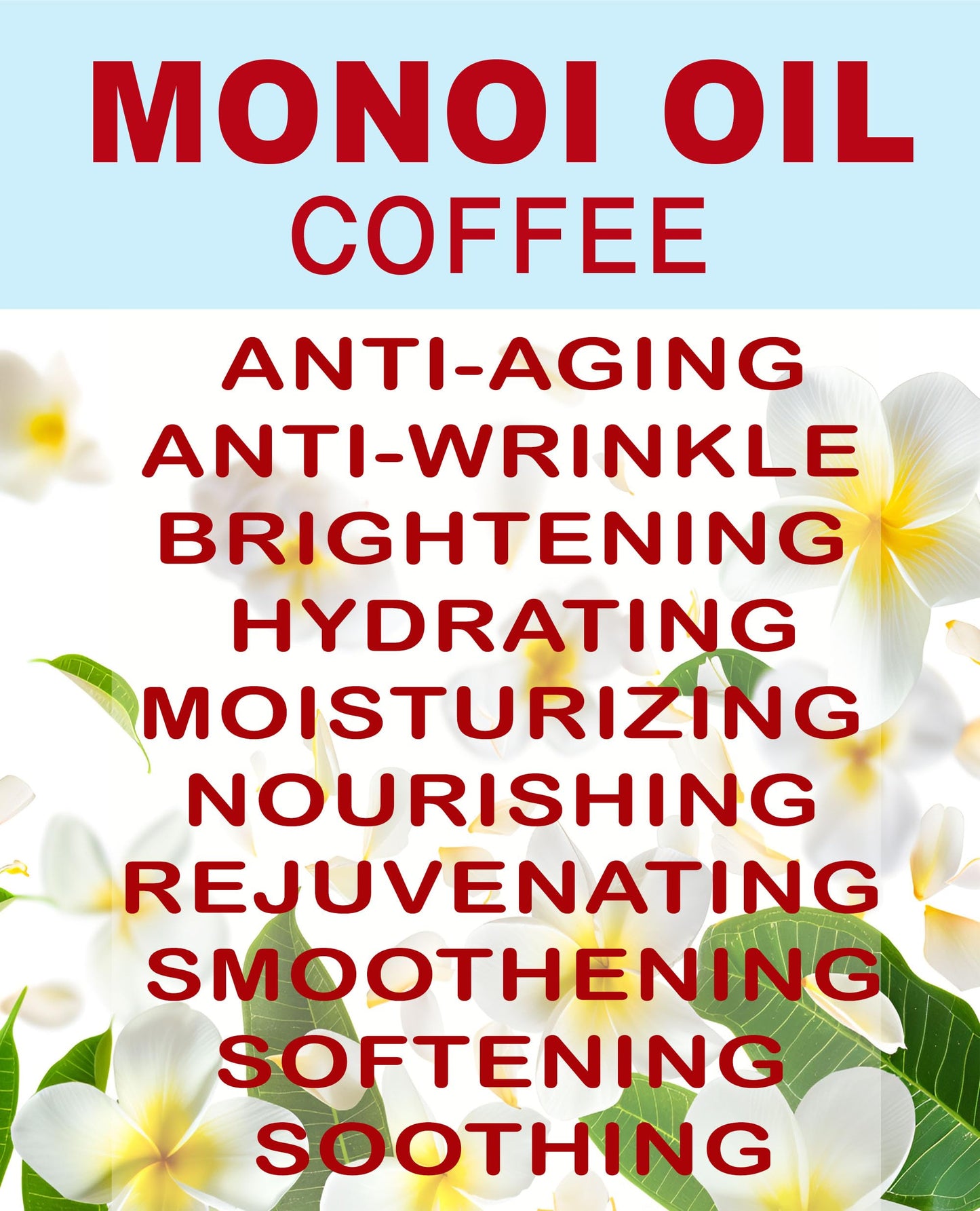 Botanical Beauty MONOI OIL COFFEE. Frangipani flowers in Coconut Oil with Coffee aroma. 100% Natural Pure for FACE, SKIN, BODY, HAIR, NAILS. Luxury