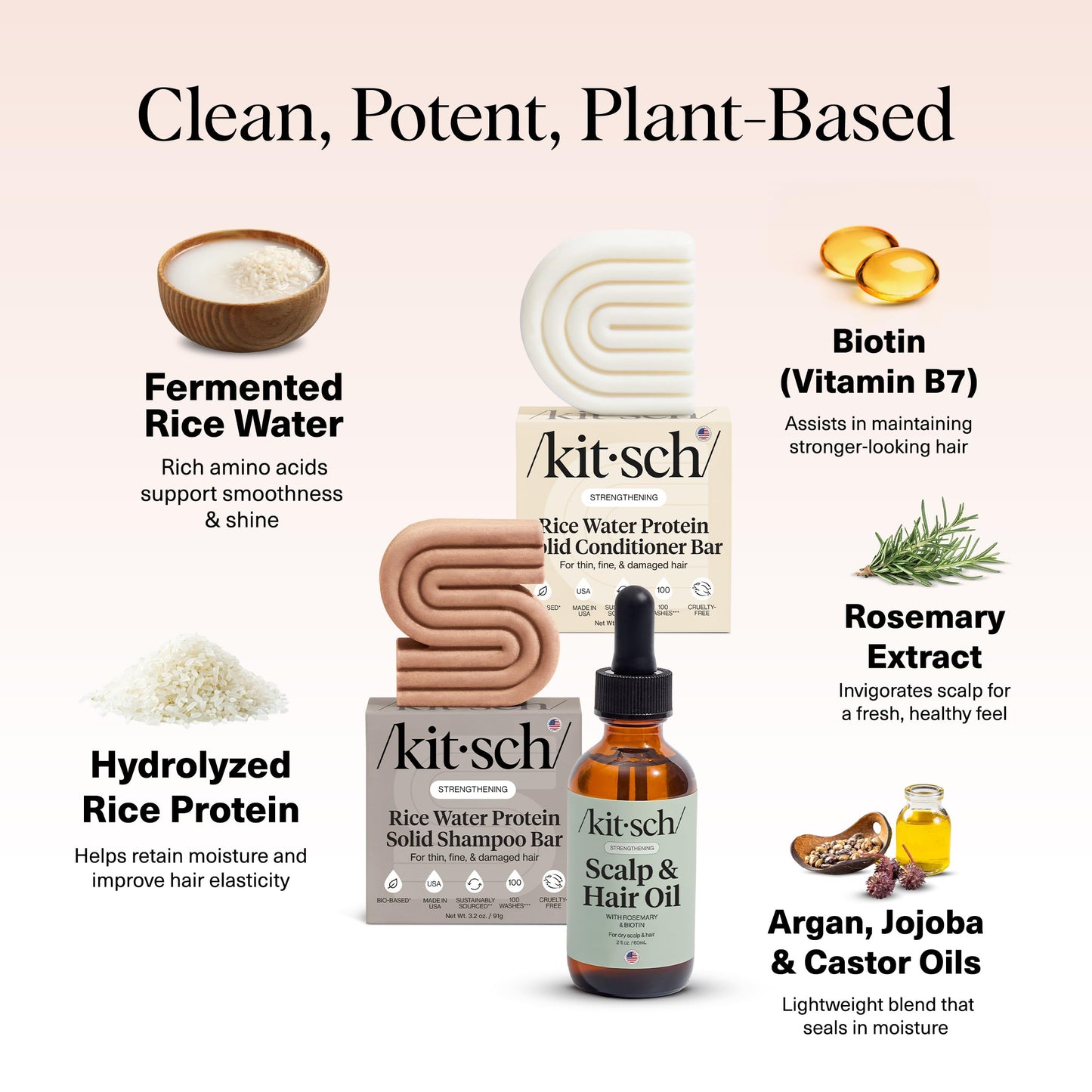 Kitsch Rice Water Shampoo and Conditioner Set + Pre-Wash Scalp Serum with Rosemary and Biotin - Shampoo and Conditioner Bar for Hair Growth & Scalp