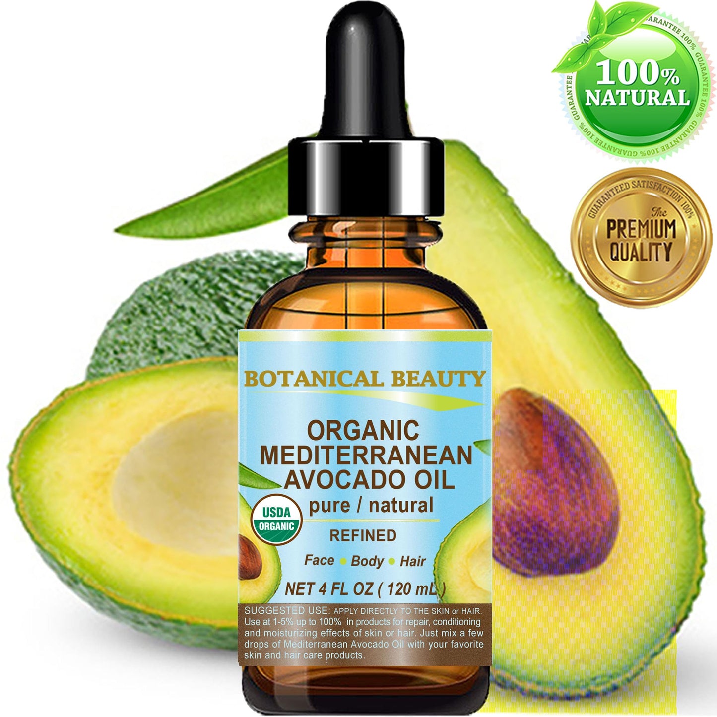 Botanical Beauty Italian ORGANIC AVOCADO OIL 100% Pure Natural Refined Undiluted Cold Pressed for Face, Body, Feet, Hair, Massage and Nail Care. 4 Fl