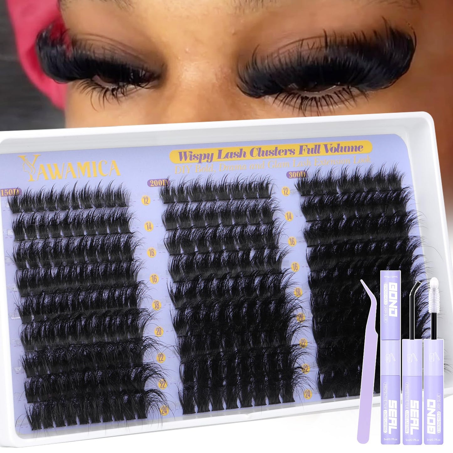 Fluffy Lash Clusters Kit 150D+200D+300D Thick Volume Cluster Eyelash Extensions 12-25mm Dramatic Long Eyelash Clusters Kit Wispy D Curl Cluster Lashes Beauty and Personal Care Yawamica Default Title