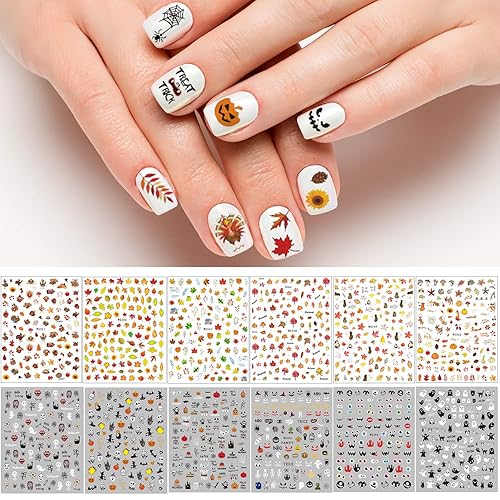 Adurself 1000+ Patterns Halloween and Autumn Fall Nail Art Decals Pumpkin Maple Leaves Nail Self-Adhesive Stickers Spider Web Bat for Women Girls Nail