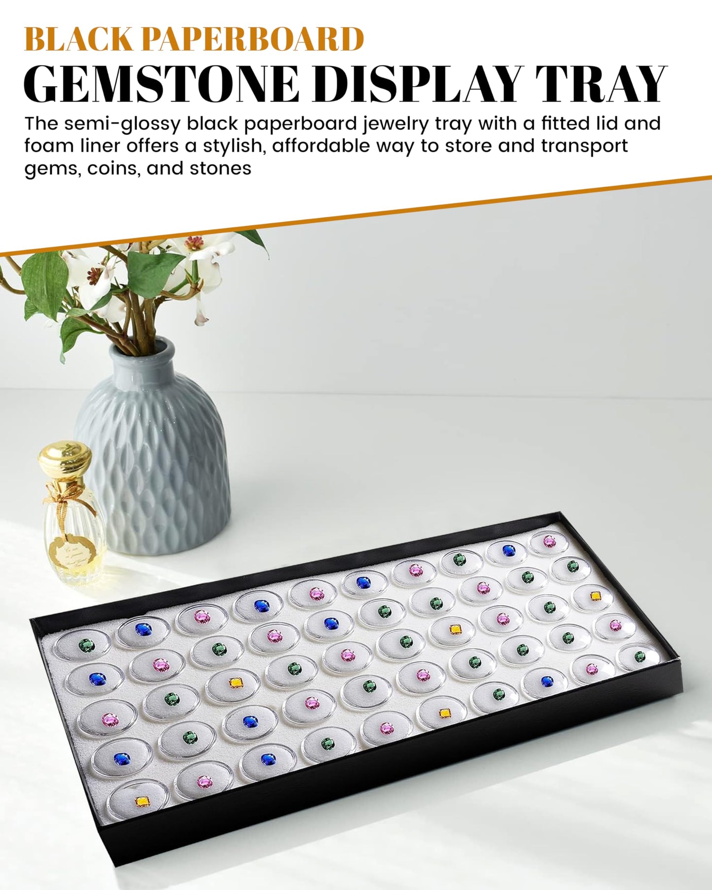 Novel Box Jewelry Tray with Lid 8.25x14.75x1 + Small Size 50 Gems Jars | Glass Jewelry Box with Fitted Lid & White Tray Foam Liner | Glass Rock…