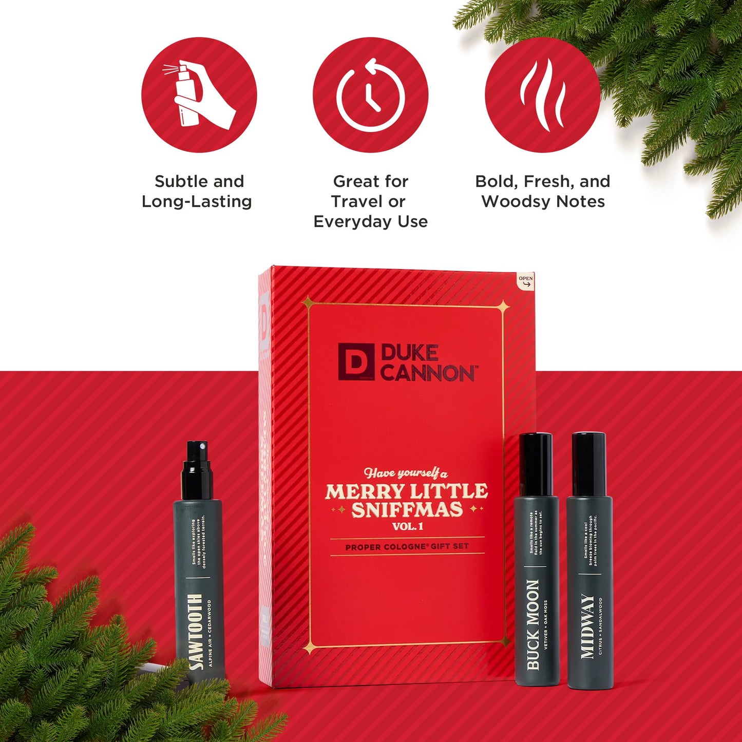 Duke Cannon Merry Little Sniffmas Giftset - travel-sized trio of Duke Cannon Proper Cologne® - Holiday Cologne Gift Set - eau de parfum - Sawtooth