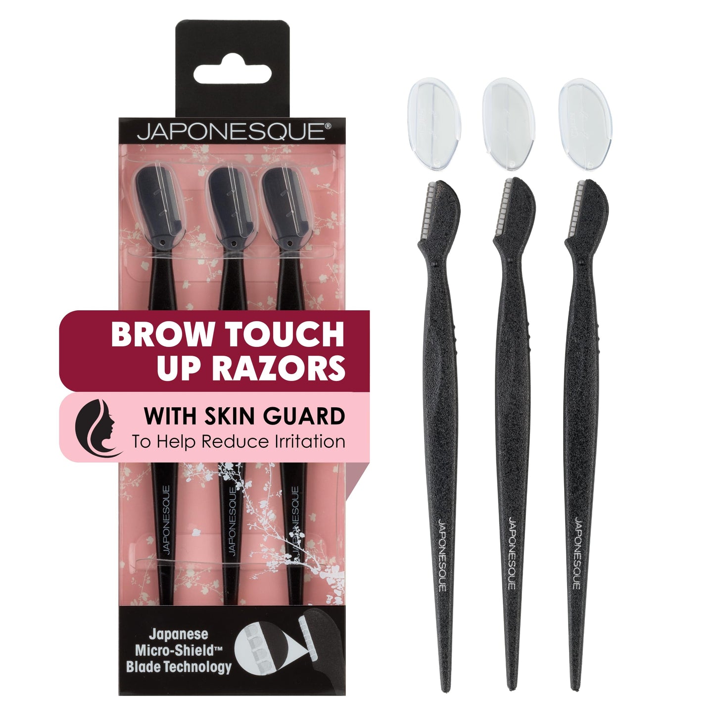 Japonesque Brow Touch Up Razors with Ultra-Sharp Stainless Steel Blades, for Removal of Unwanted Facial Hair and Peach Fuzz, Protective Blade Cover