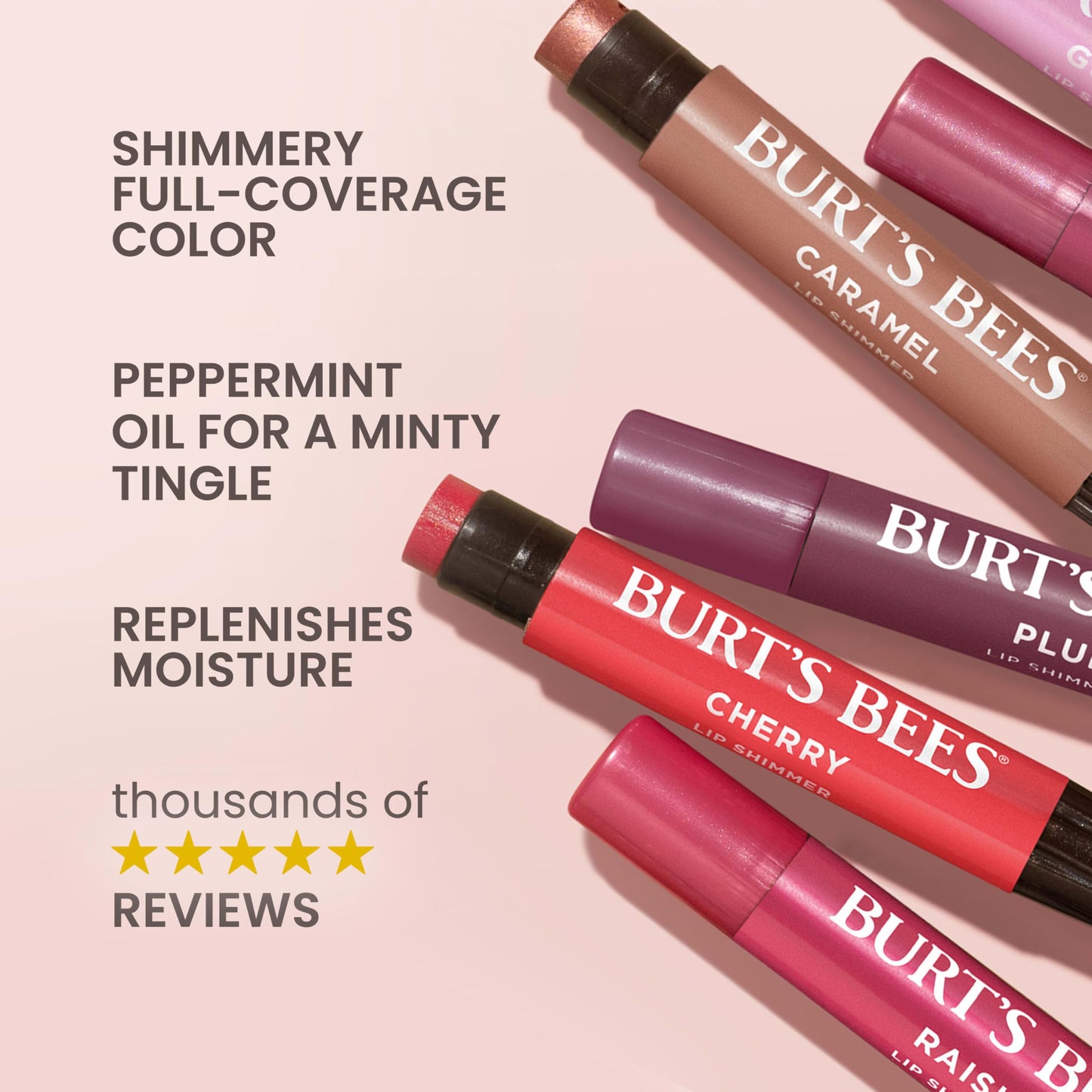Burt's Bees Lip Shimmer Pink Collection, Tinted Lip Balm Stick, Moisturizing for All Day Hydration with Natural Glowy Pigmented Finish & Buildable