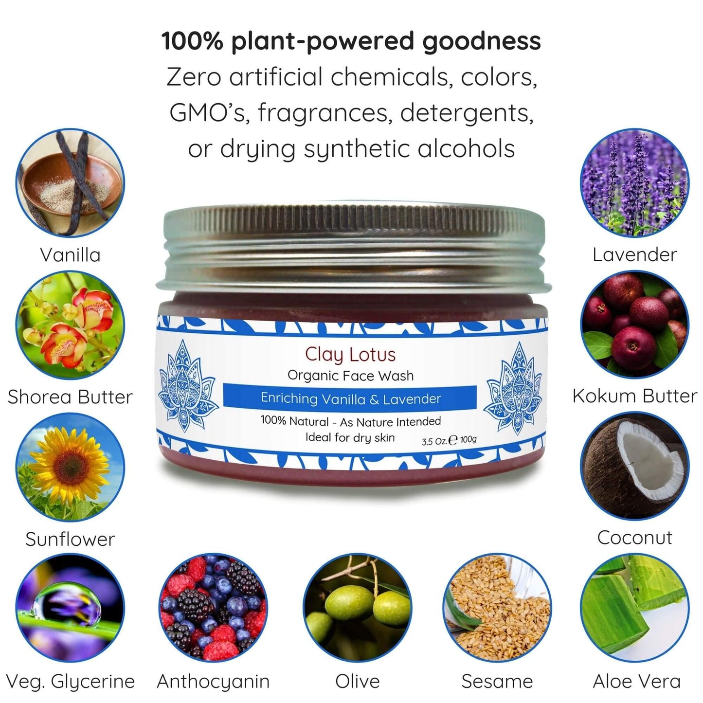 Clay Lotus Organic Face Wash - Hydrating Cleanser for Dry, Mature Skin. Anti-aging, Natural Formula for Reduced Wrinkles and Restored Radiance- Vegan