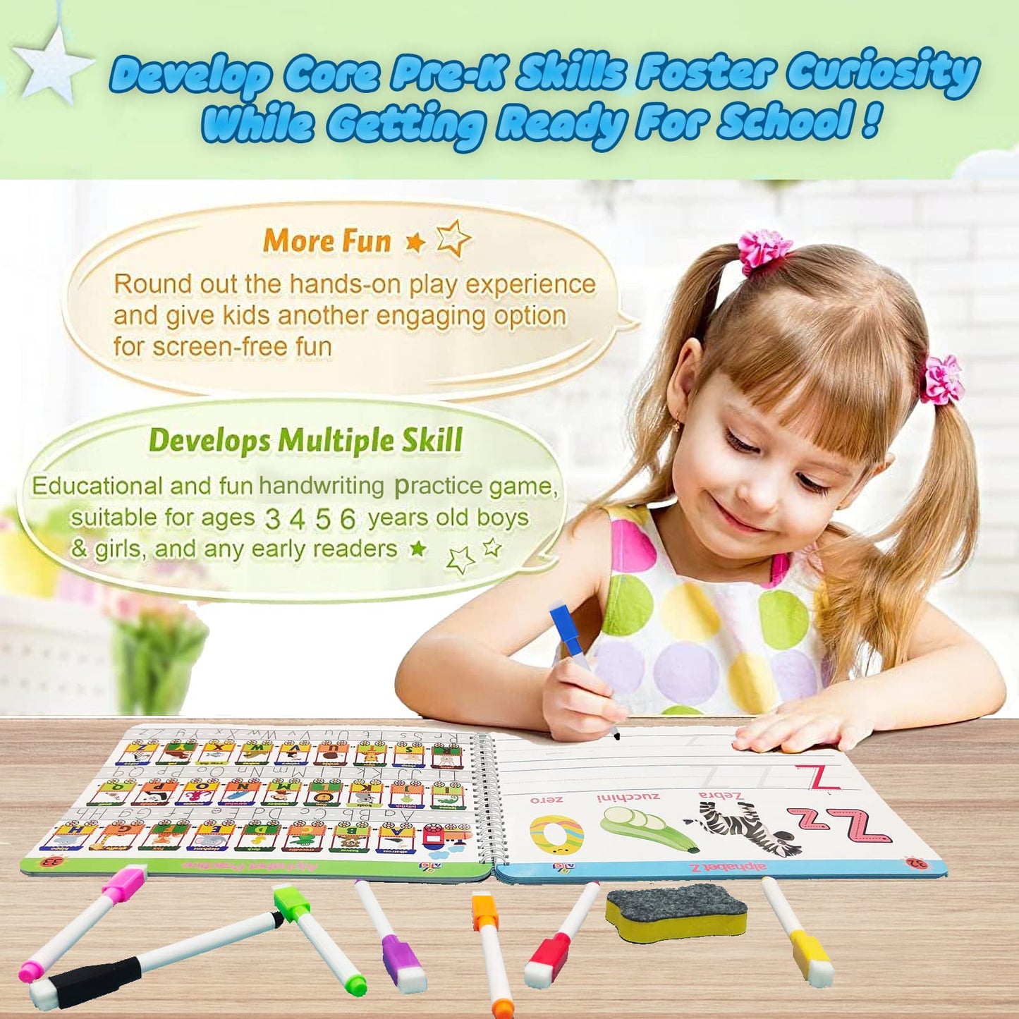 ALIANFLY Preschool Learning Workbook – Montessori Toddler Busy Book with Tracing, Handwriting, ABC & Activity Pages, Educational Toys for Kids