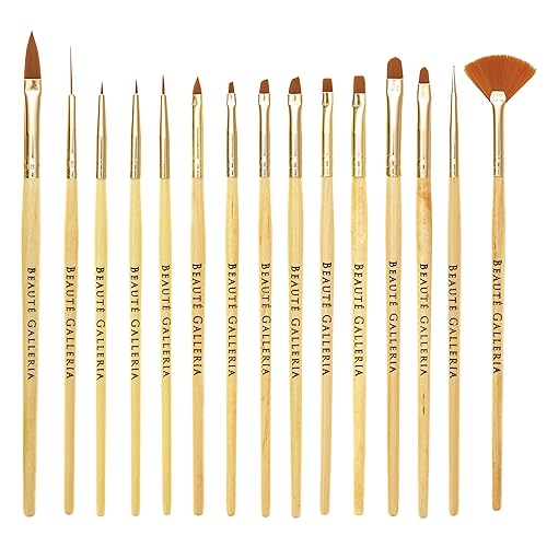 Beaute Galleria 15 Pieces Nail Art Brush Set for Detailing, Striping, Blending, One-Stroke Nail Art with Gel Brushes, Painting Brushes, 3D Brush