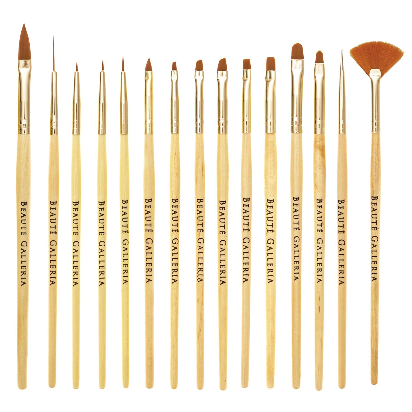 Beaute Galleria 15 Pieces Nail Art Brush Set for Detailing, Striping, Blending, One-Stroke Nail Art with Gel Brushes, Painting Brushes, 3D Brush