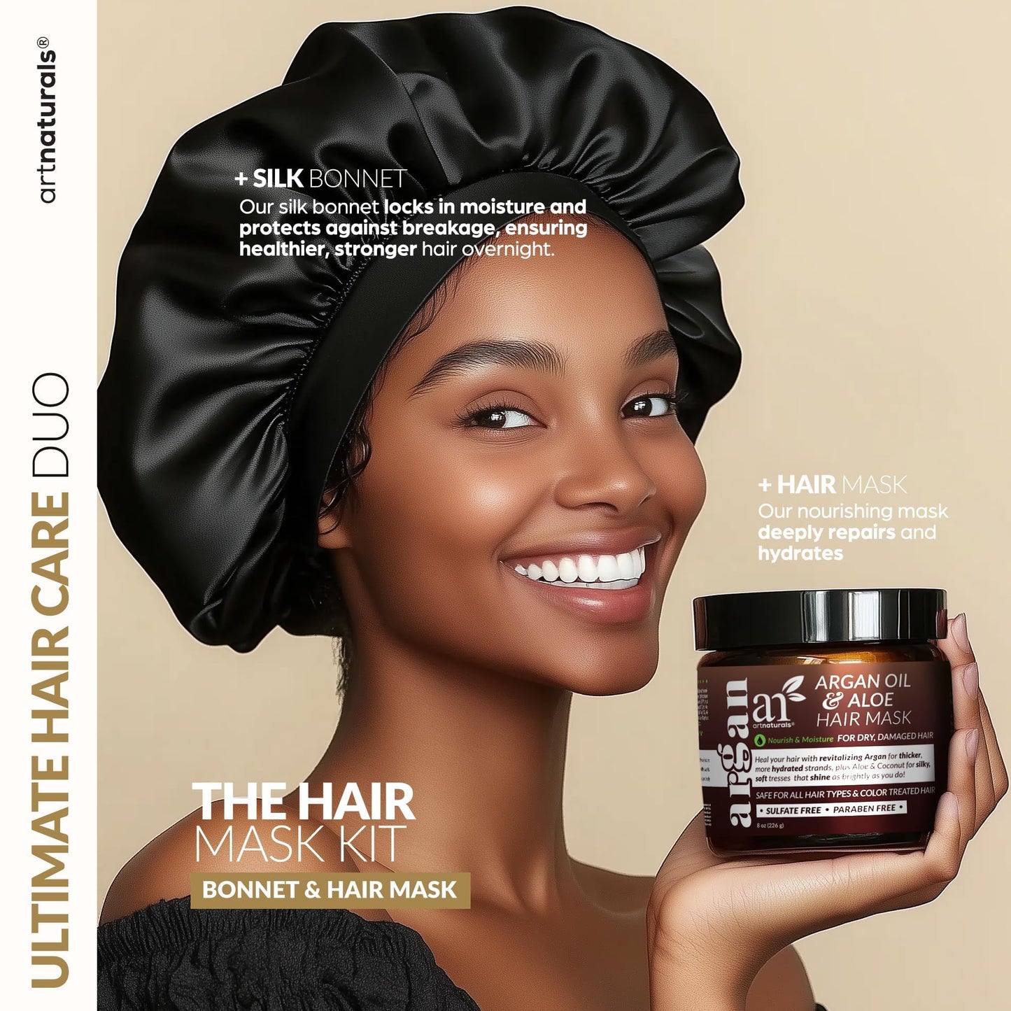 Hair Mask + Silk Bonnet for Sleeping Women Set - Conditioner & Leave-In Conditioner for Damaged Hair - Argan Oil, Jojoba, Aloe & Keratin Bonnet Beauty and Personal Care Artnaturals