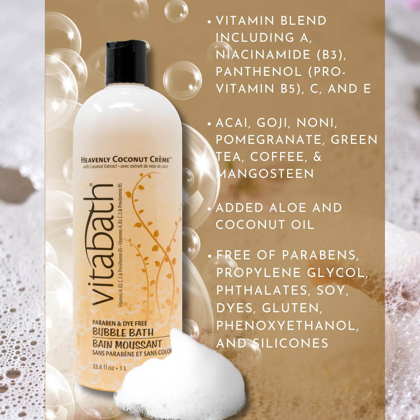 Vitabath Heavenly Coconut Crème Bubble Bath Rich Foaming Bubbly Soak & Relaxing Aromatherapy Moisturizing & Nourishing Indulgent Suds for Women & Men
