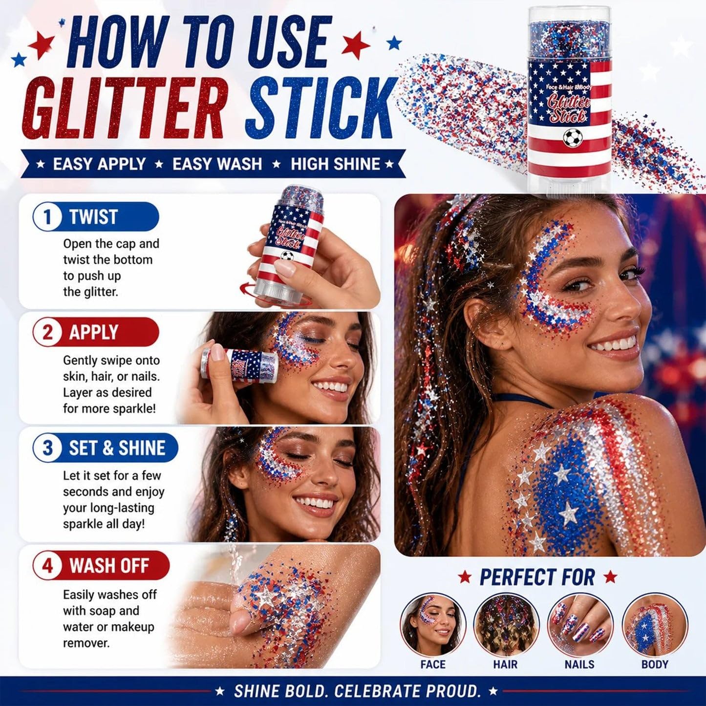 Red, White & Blue Body & Hair Sparkle, 4th of July Outfits and 250th Anniversary Accessories, Waterproof Sparkling Face Hair Glitter for Independence