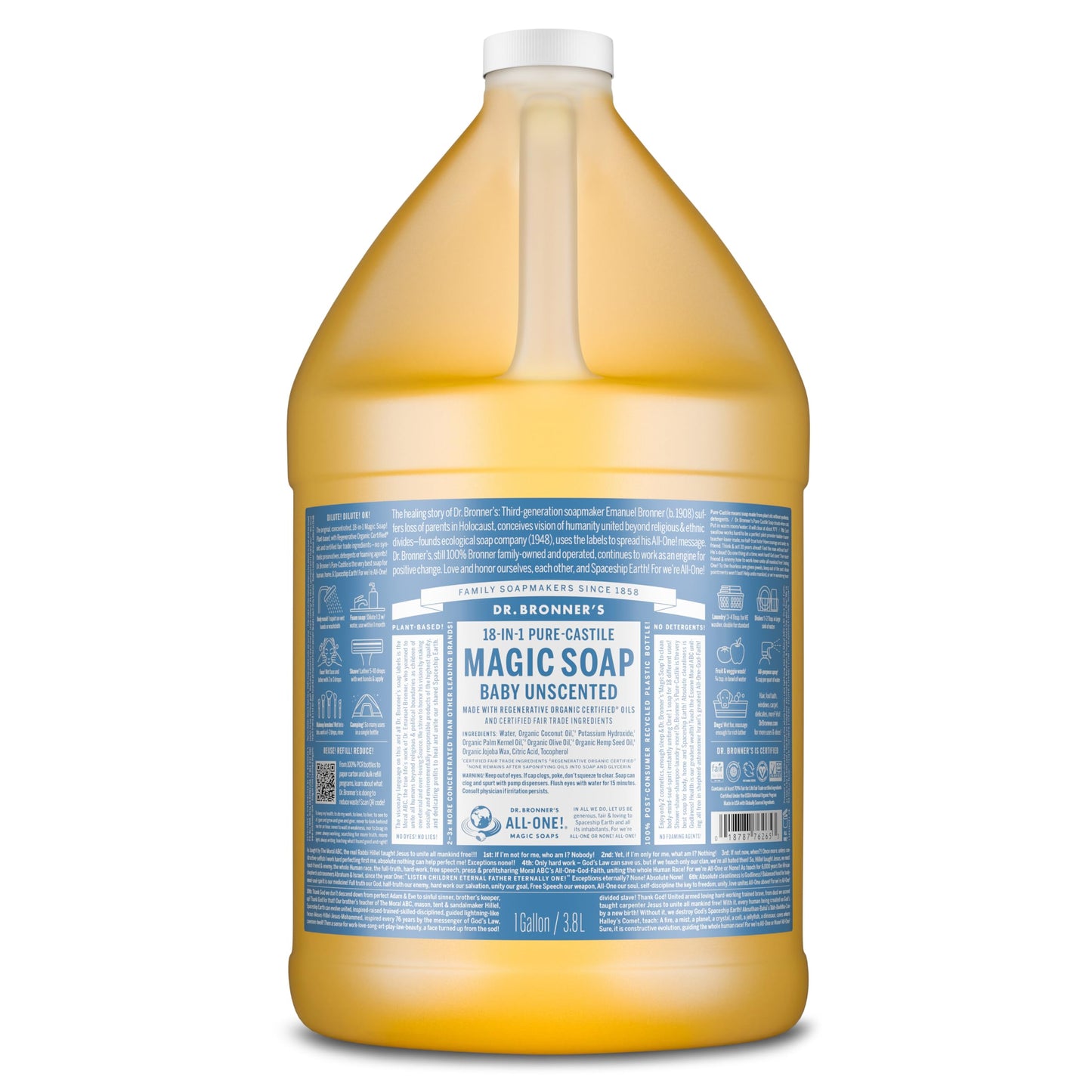 Dr. Bronner's Pure-Castile Magic Soap Liquid (Baby Unscented, 1 Gallon) - Made with Regenerative Organic Certified Oils- For Sensitive Skin, Babies
