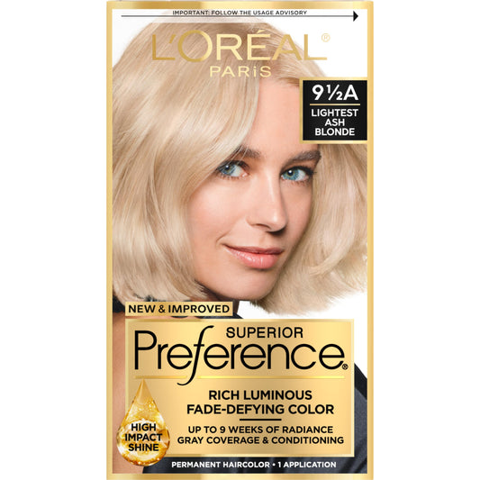 L'Oreal Paris Superior Preference Luminous Fade-Defying Permanent Hair Color, Hair Dye For Up to 9 Weeks of Radiance, Lightest Ash Blonde 9.5A, 1 Hair