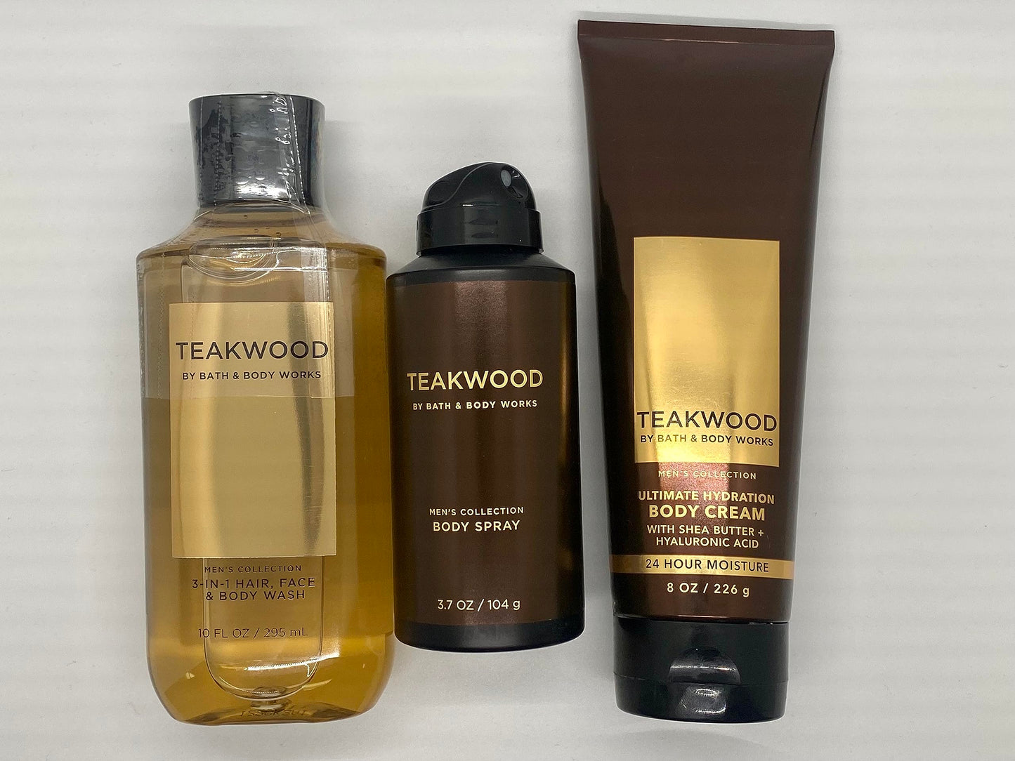 Bath and Body Works Teakwood - Three Piece Men's Collection 8 oz Body Cream, 3.7 oz Deodorizing Body Spray, 10 oz 2-IN-1 Hair and Body Wash