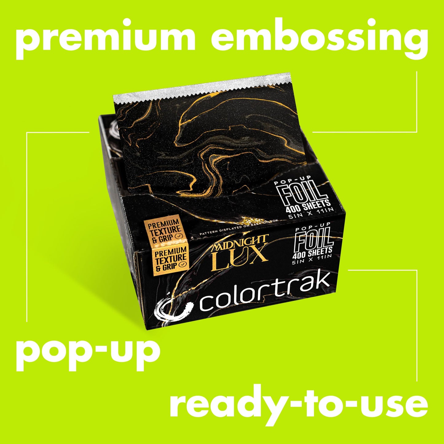 Colortrak Lux Pop-up Foil W/Dispenser (400 Count), Pre-cut Sheets, Non-Slip Embossed Texture, 5" x 11" Sheets for Hair Foil Coloring and Highlighting