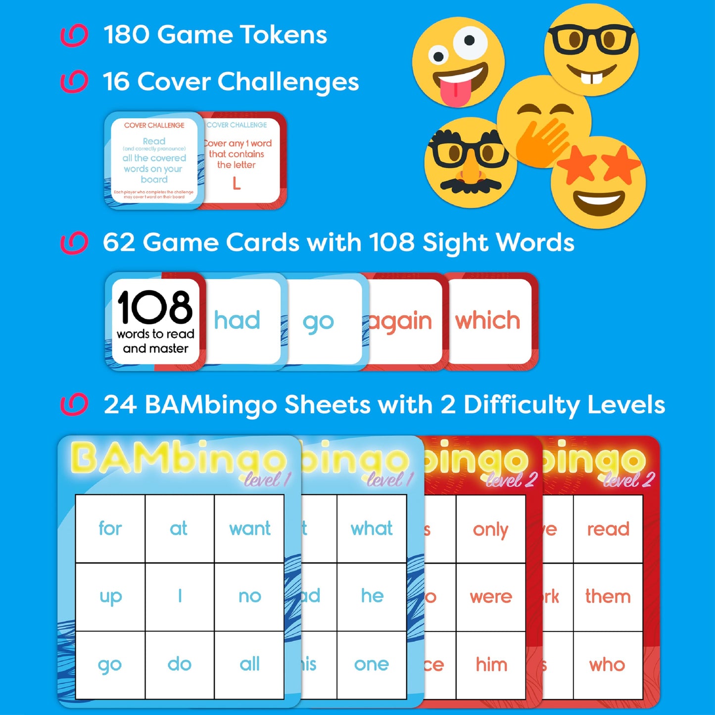 THE BAMBINO TREE Sight Word Bingo Game | Level 1 & 2 Educational Vocabulary Game | Learn to Read Dolch & Fry Word Lists for K–1st Grade