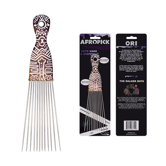 Afropick Metal Black Hair Pick for Natural Curly Long Thick Hair- Afro Pick Comb for Men, Women- African Artist Designs IMPROVED 2.0 (Ori)