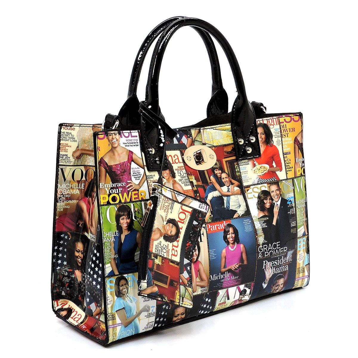 AMY&JOEY Glossy magazine cover collage crossbody bag purses Michelle Obama mini handbag (MULTI/BLACK)