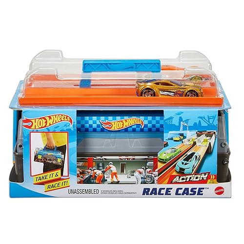 Hot Wheels Toy Cars & Track Set, Race Case Playset with 2 Vehicles in 1:64 Scale, Dual Launcher for Side-By-Side Racing & Portable Storage Container
