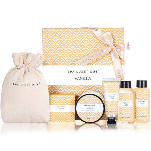 Spa Luxetique Spa Gifts for Women 6pc Vanilla Bath Sets Women Gift With Body Lotion, Shower Gel, Bubble Bath, Hand Cream, Bath and Body Gifts Set