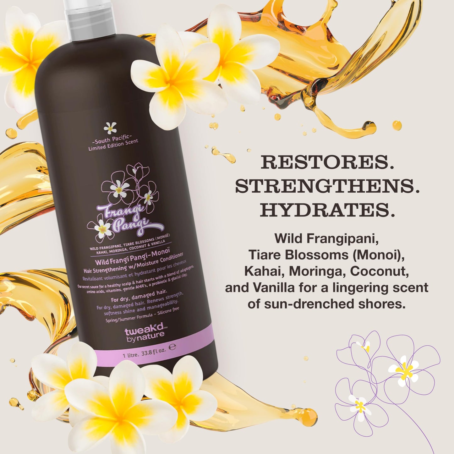 Tweak’d by Nature - Restore Frangi Pangi-Monoi Hair Strengthening Conditioner, Sulfate Free Deep Conditioner for Dry, Damaged Hair, with Coconut