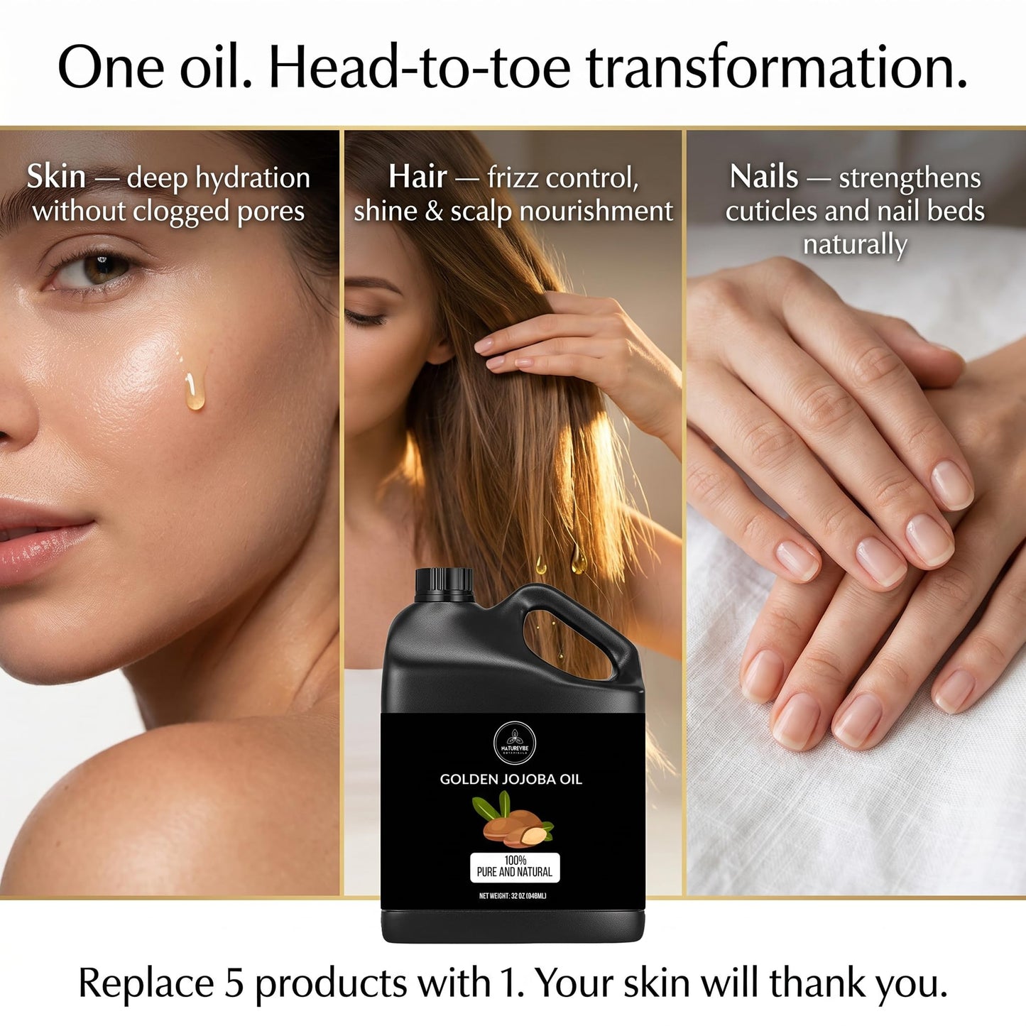 Naturevibe Botanicals Golden Jojoba Oil 32 oz - 100% Pure, Cold-Pressed Moisturizer for Skin & Hair | Antioxidant-Rich, Non-Greasy, Carrier Oil Beauty and Personal Care Naturevibe Botanicals