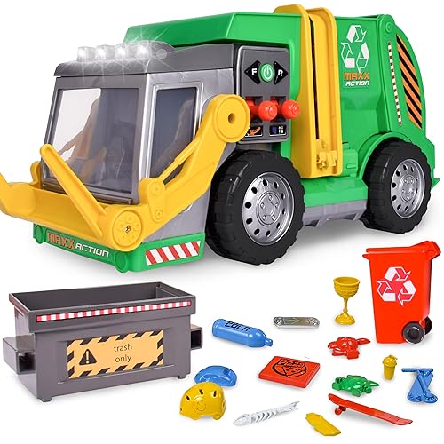 Large Motorized 19" Maxx Action Garbage Truck Toy Set with Lights and Sound Includes Dumpster, Trash Bin and Miniature Trash Pieces for Kids