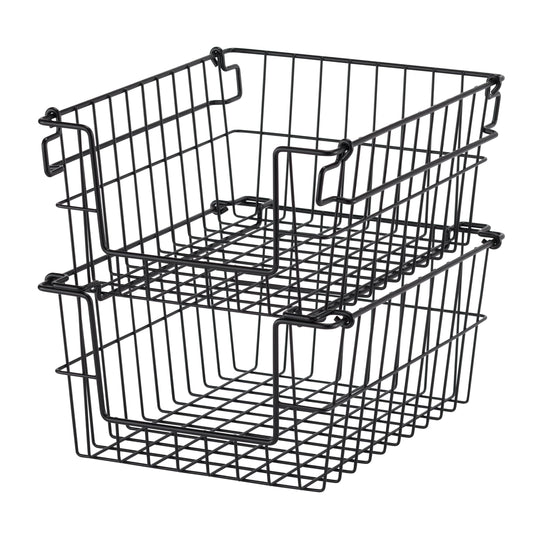TRINITY 2-Pack Stackable Metal Wire Storage Baskets With Handles, Black, 11 Inches