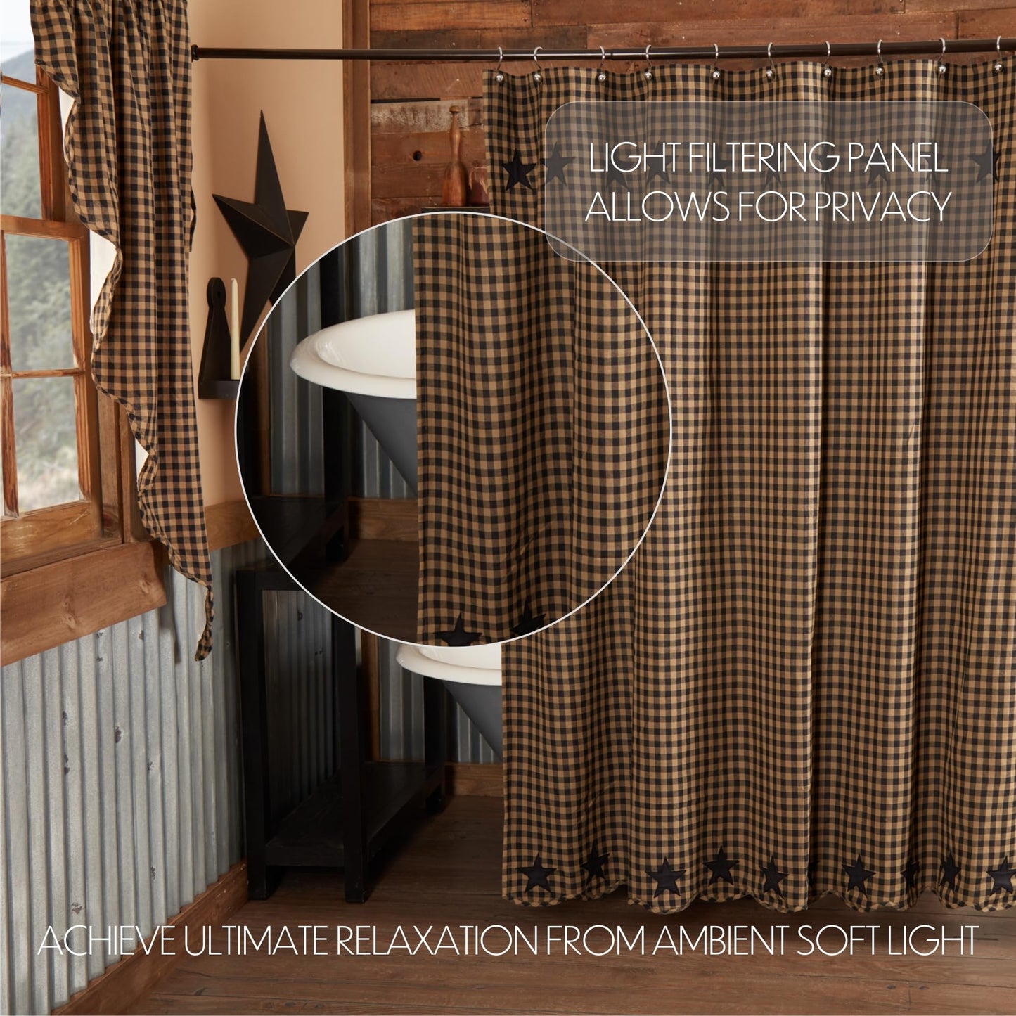 VHC Brands, Black Star, Cotton, 72x72, Shower Curtain, Black