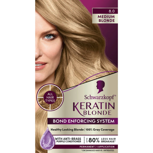 Schwarzkopf Keratin Blonde Hair Dye, 8.0 Medium Blonde, Professional Quality Permanent Hair Color, Bond Enforcing System, Pre-Color Serum & Purple