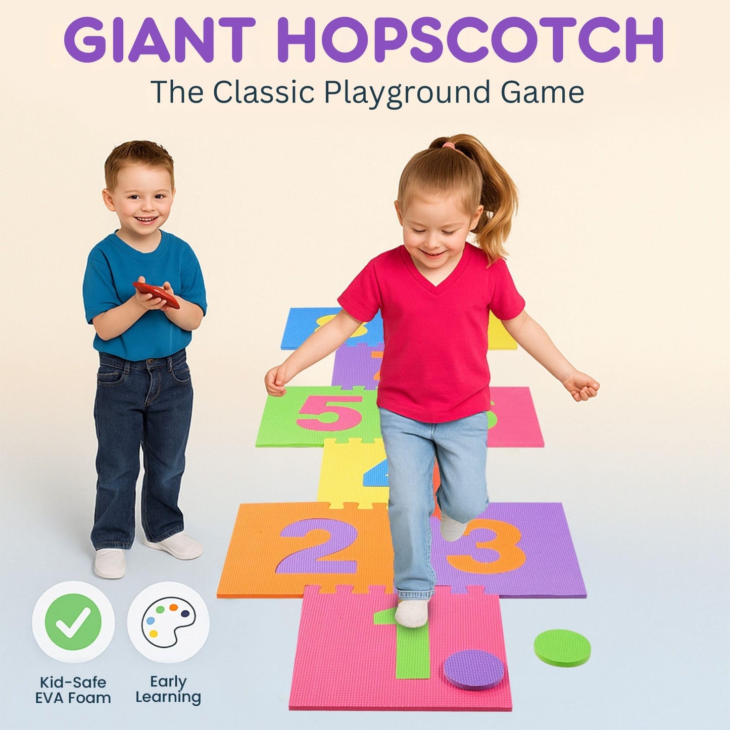 Hopscotch Playmat Foam Interlocking Puzzle Floor Mat - 10 Large Number Tiles (12" by 12" Square Blocks)