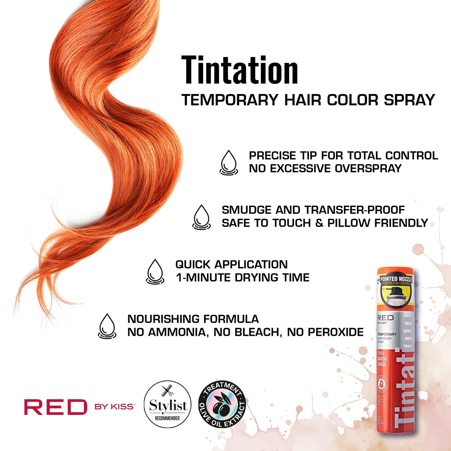 Red by Kiss Tintation Temporary Hair Color Spray 2.82oz, Quick-Dry & Smudge-Proof, Vivid Color Washable Hair Dye, Styling Spray Cosplay Halloween