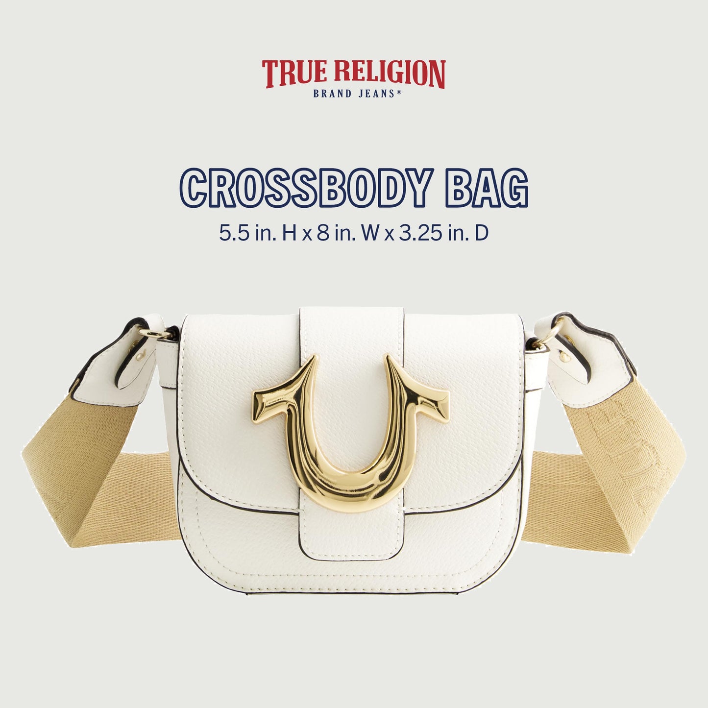 True Religion Women's Crossbody Bag, Mini Flap Adjustable Shoulder Purse Handbag with Horseshoe Logo, White