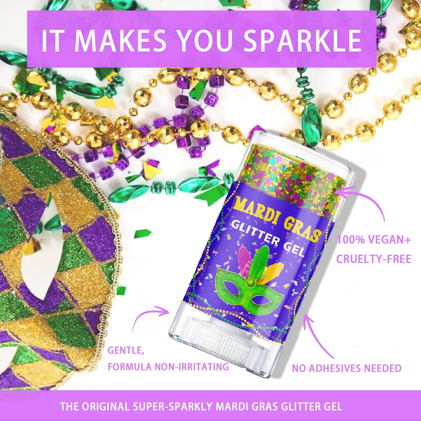 Mardi Gras Glitter Gel Stick, Color-Changing in Different Lighting, for Body, Face & Hair (Mardi Gras)