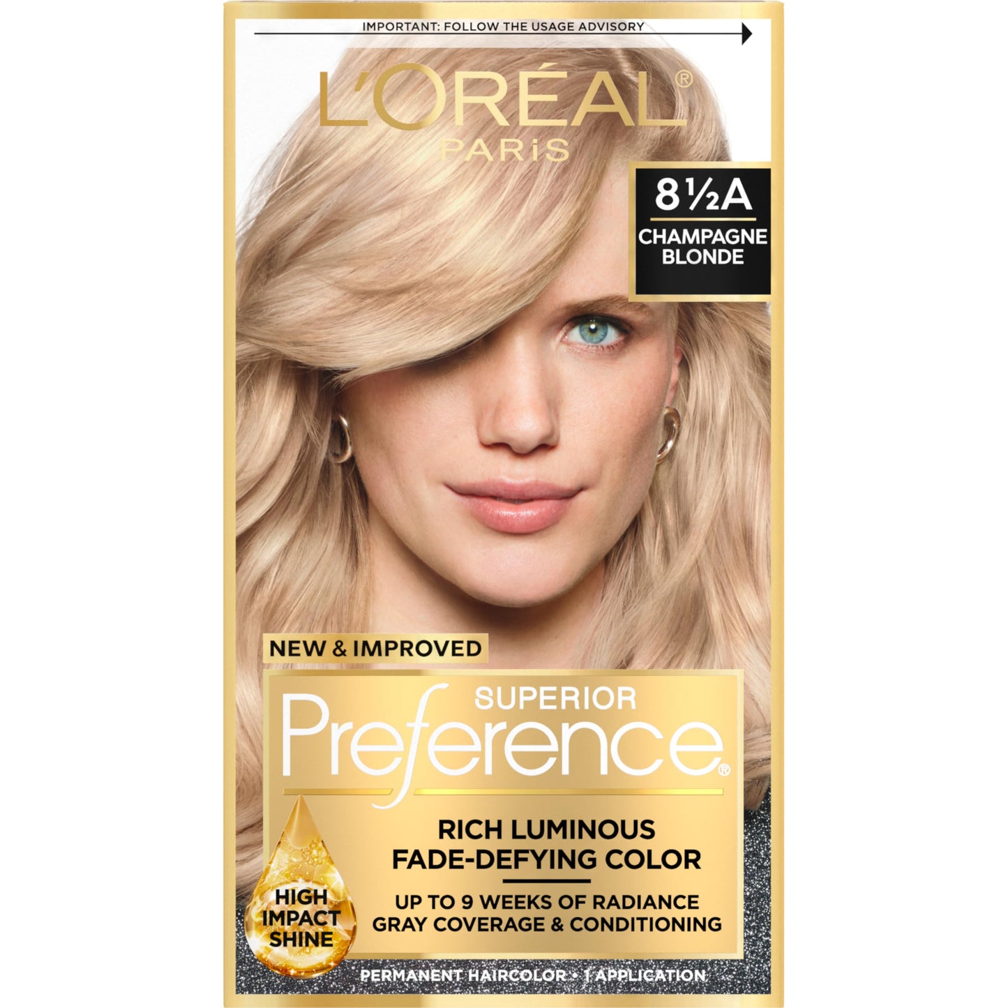 L'Oreal Paris Superior Preference Luminous Fade-Defying Permanent Hair Color, Hair Dye For Up to 9 Weeks of Radiance, Champagne Blonde 8.5A, 1 Hair