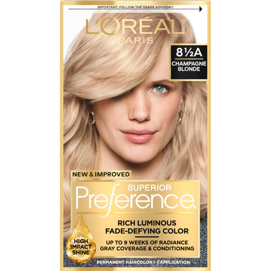 L'Oreal Paris Superior Preference Luminous Fade-Defying Permanent Hair Color, Hair Dye For Up to 9 Weeks of Radiance, Champagne Blonde 8.5A, 1 Hair