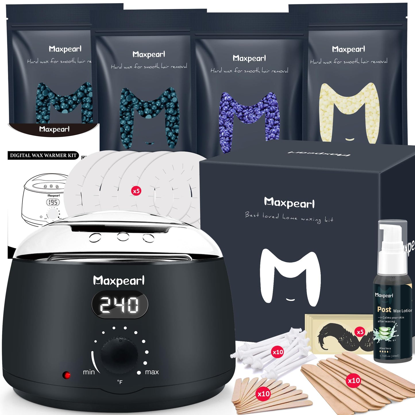 Maxpearl Digital Waxing Kit - Women Men Hard Wax Melt Warmer Kit for Hair Removal - Sensitive Skin, Eyebrows, Face, Underarms, Brazilian, Bikini, Legs Beauty and Personal Care Maxpearl