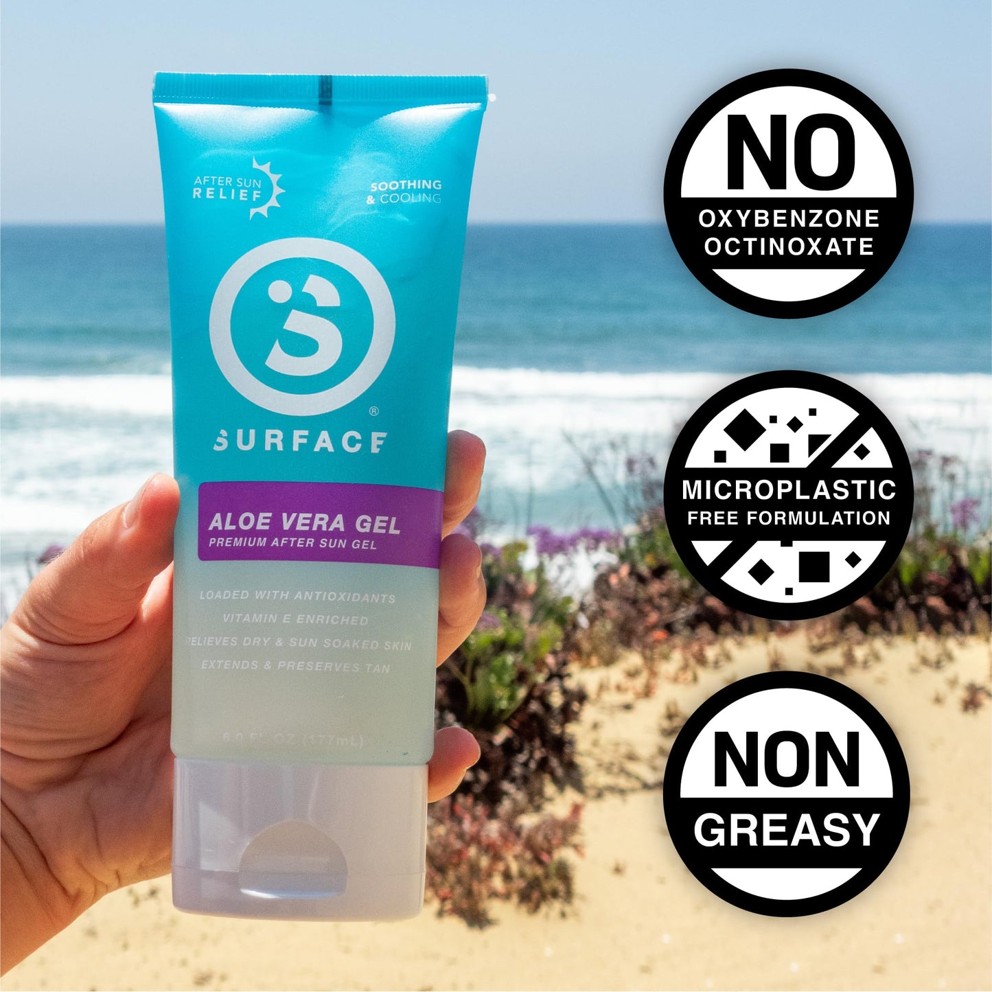 Surface Aloe Vera Gel, Sunburn Relief and After Sun Care, Cooling Hydrating Gel for Face and Body, Non-Greasy Fast-Absorbing Moisturizer for Post Sun