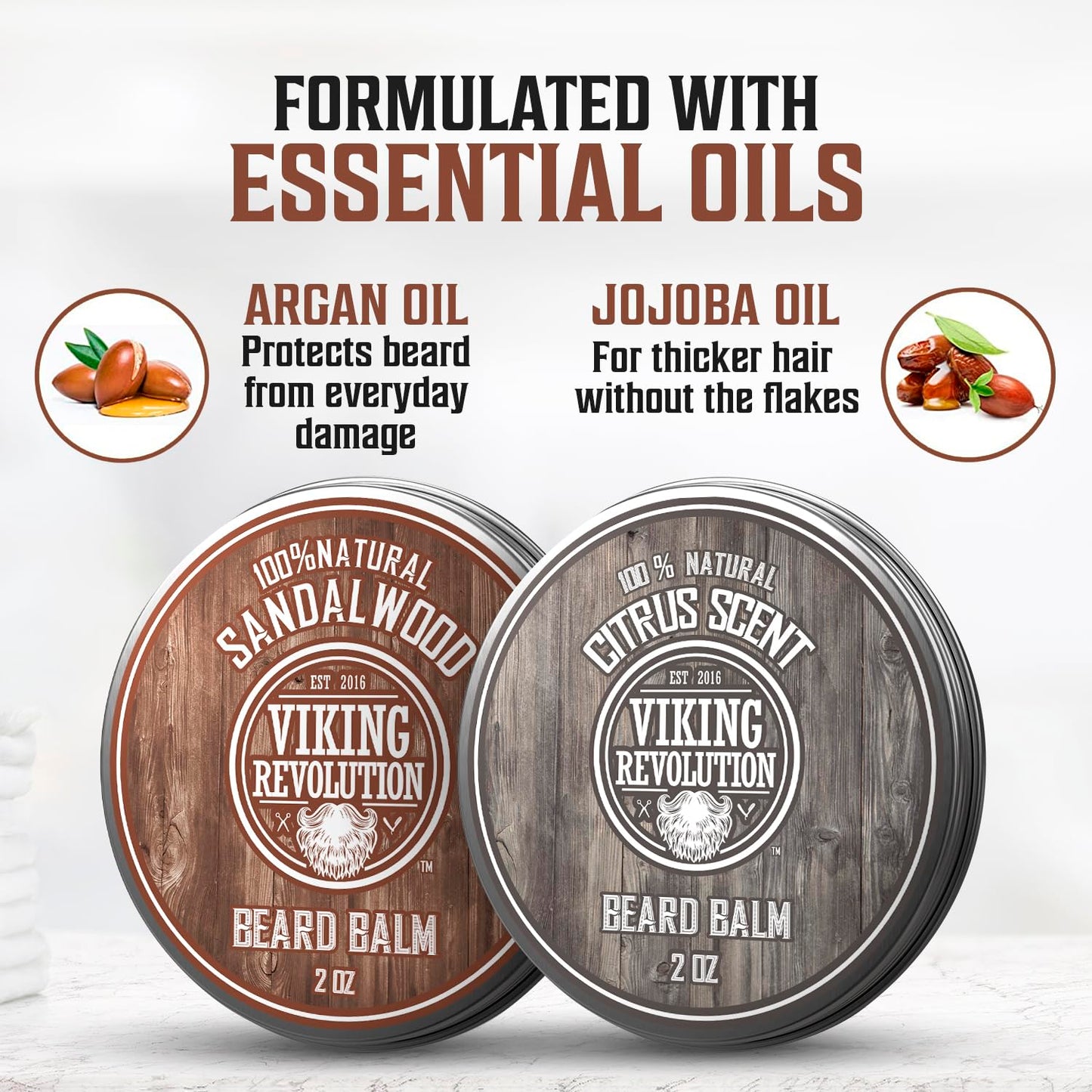 Viking Revolution Citrus and Sandalwood Beard Balm - Butter With Argan Oil, Softener With Jojoba Oil, Moisturizer With Beeswax - Wax for Men