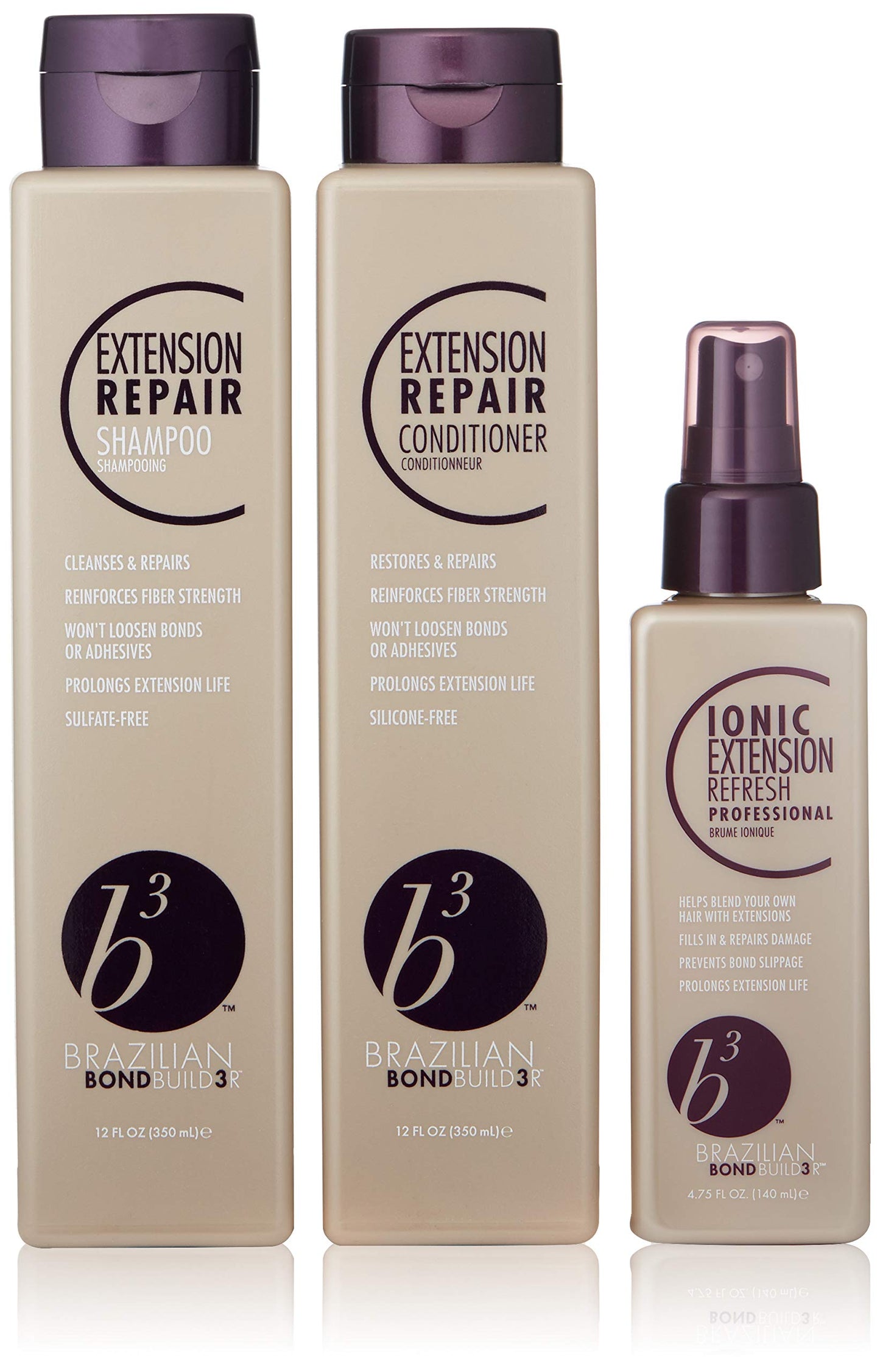 B3 Brazilian Bondbuilder Extension Shampoo/Conditioner/Refresh Trio Pack 28.75 fl oz (3 Count) For Extensions - Repairs, Hydrates and Blends All Hair