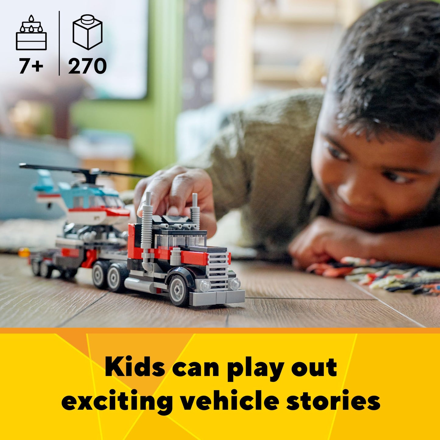 LEGO Creator 3 in 1 Flatbed Truck with Helicopter 31146, Buildable Toy Transforms into Plane, Hot Rod or SUV, Gift for Kids Ages 7+
