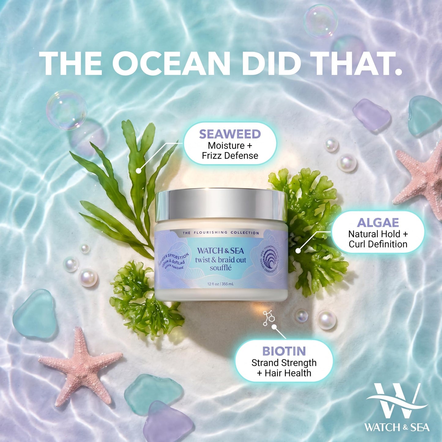 Watch & Sea Twist & Braid Out Soufflé - Nourishing Ingredients with Seaweed and Sea Kelp - Twist and Braid Cream for All Hair Types - 12 oz