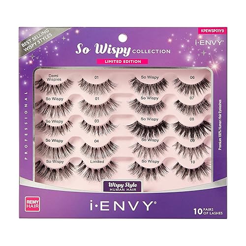 i-ENVY 10 Pairs So Wispy Human Hair Eyelashes Multipack, Natural Dramatic Fluffy False Lashes - Invisible Band, Volume & Curl, Lightweight, Reusable