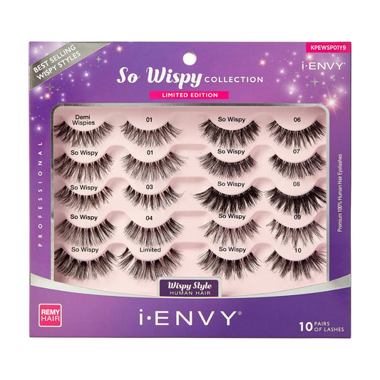 i-ENVY 10 Pairs So Wispy Human Hair Eyelashes Multipack, Natural Dramatic Fluffy False Lashes - Invisible Band, Volume & Curl, Lightweight, Reusable