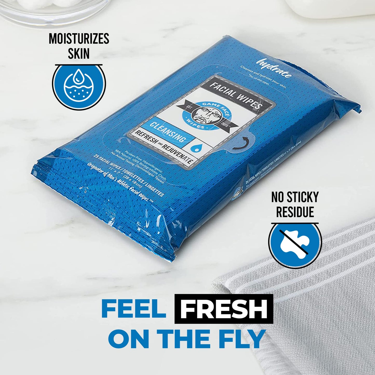 Game Face Cleansing Face Wipes 25 Count Pack XL Size 100% Compostable, Naturally Formulated and Lightly Scented Hydrating, Refreshing