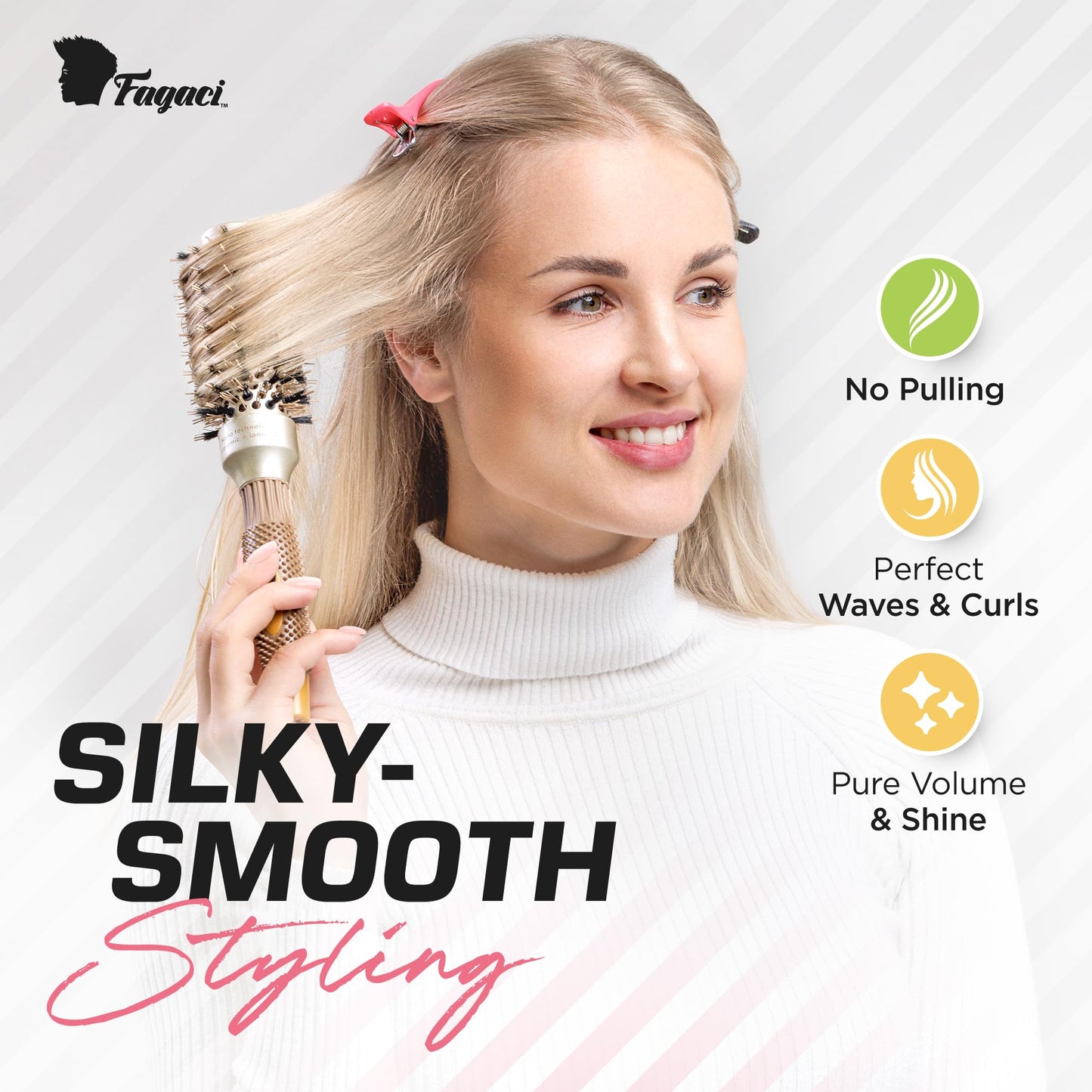 Fagaci Small Round Brush for Blow Drying with Natural Boar Bristle, Hair Styling, Drying, Healthy Hair and Add Volume, Ceramic Gold, Hair Brush + 4